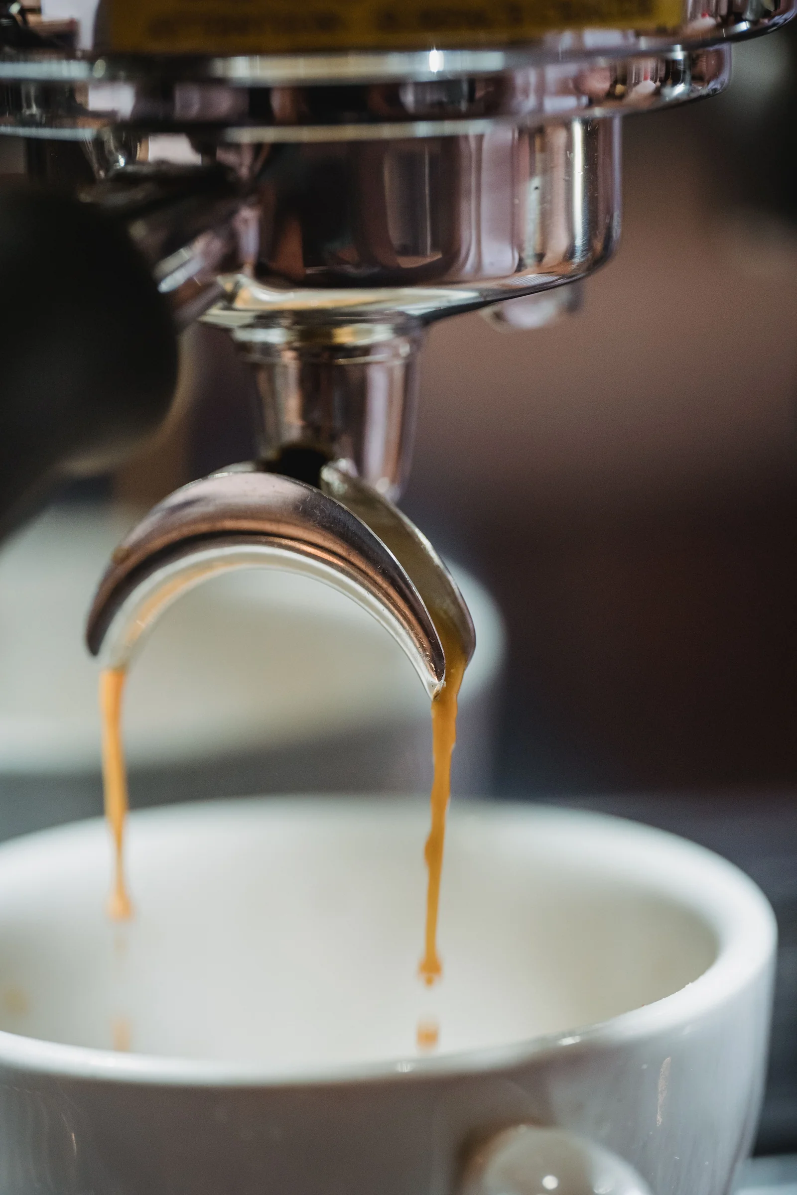 Espresso dripping from a portafilter into a white cup